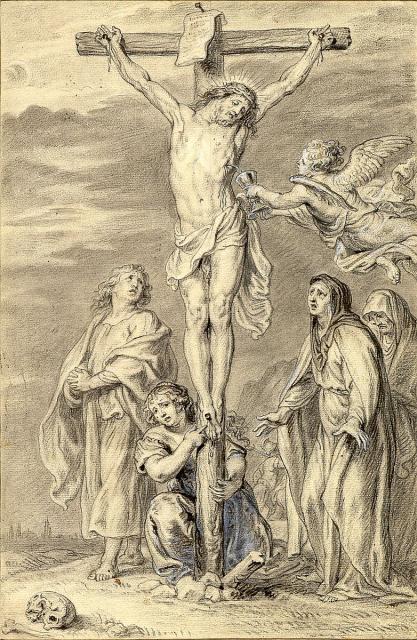 Christus aan het kruis beweend door Johannes, Maria en Maria Magdalena