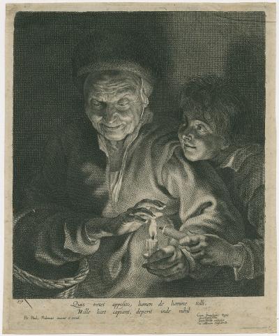 Old woman and a boy with candles