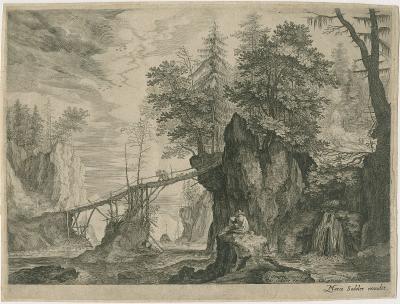 Een tekenaar gezeten bij een houten brug in een bergachtig landschap