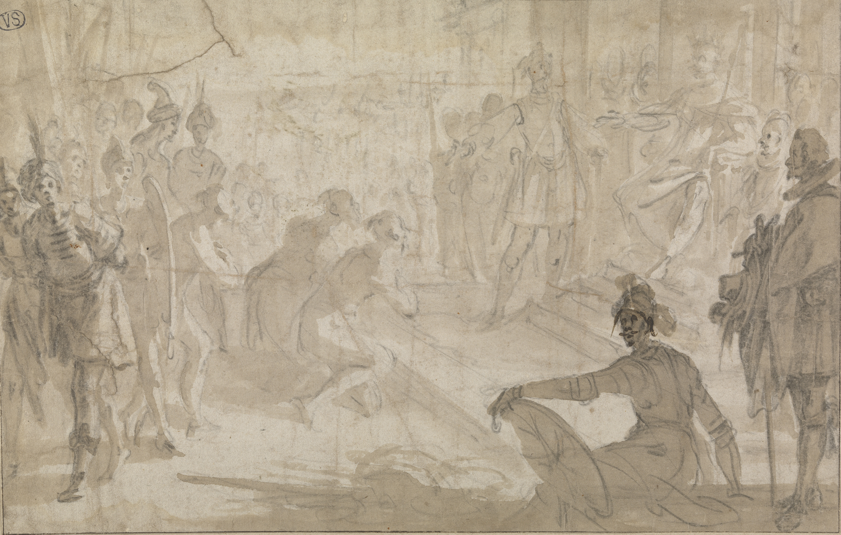 Jacques Callot, Admiraal Jacopo Inghirami toont Berberse gevangen aan Ferdinand I de Medici, 1618-1620, Musea Brugge, 190 mm x 298 mm, inv. 0000.GRO1772.II, CC0, beeld artinflanders.be