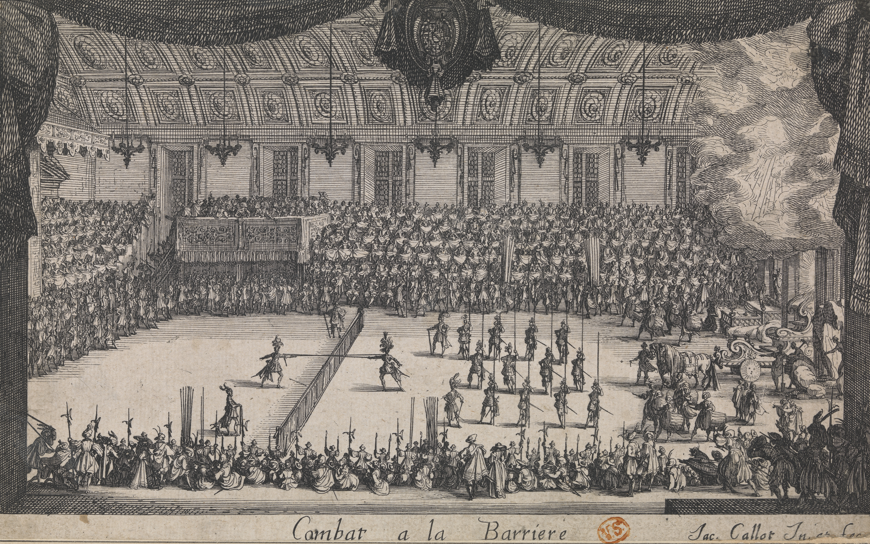 Jacques Callot, Het toernooi in de Feestzaal, Combat à la Barrière, 1627, Musea Brugge, 146 mm x 236 mm, inv. 0000.GRO6236.III, CC0, image artinflanders.be
