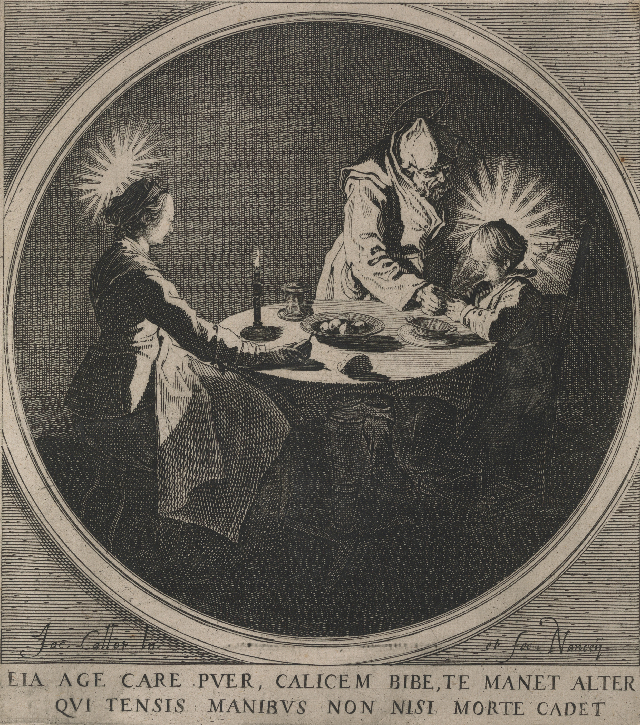 Jacques Callot, Heilige Familie eet bij kaarslicht, 1628-1629, 192 mm x 170 mm, inv. 0012.GRO0001.III, CC0, beeld artinflanders.be