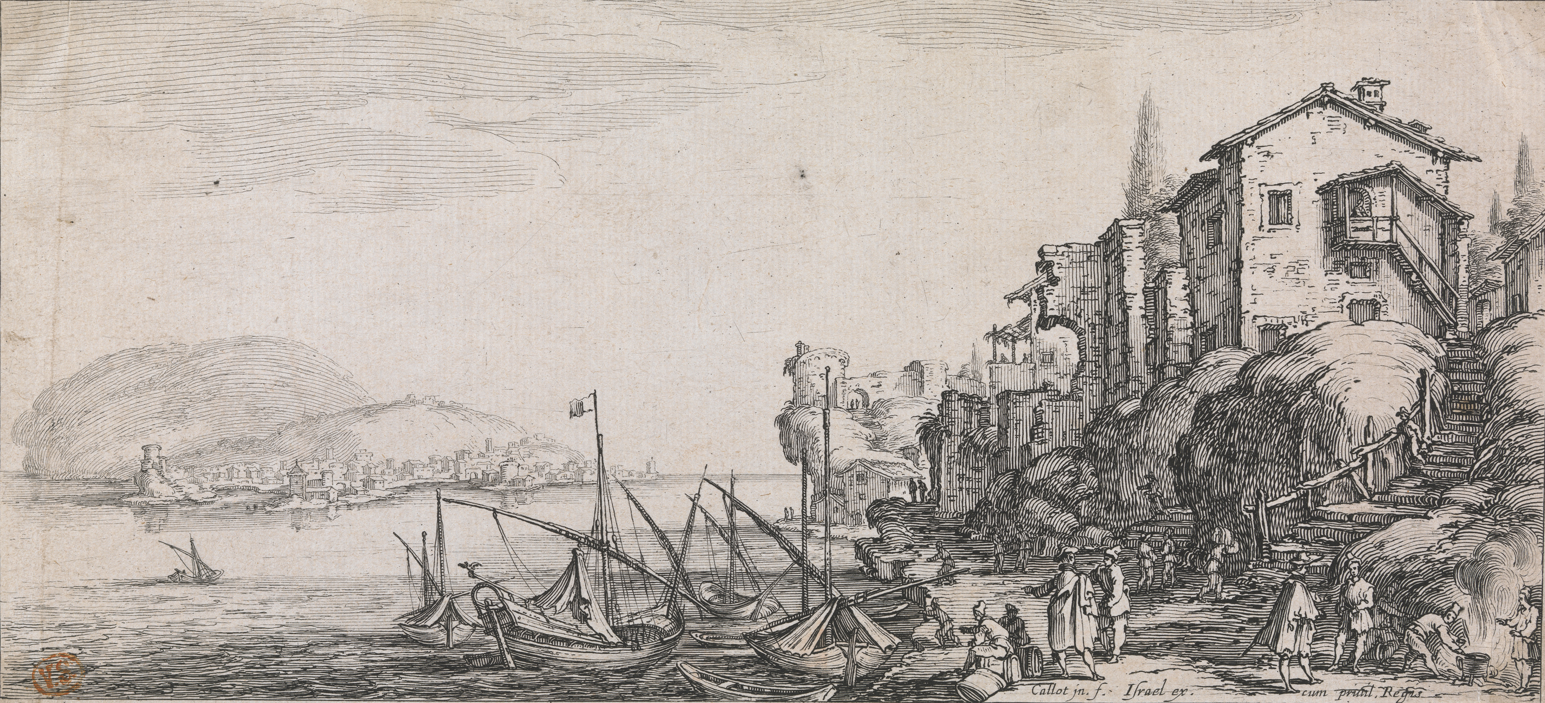 Jacques Callot, Kleine haven, 1630, Musea Brugge, 114 mm x 248 mm, inv. 0000.GRO6217.III, CC0, beeld artinflanders.be