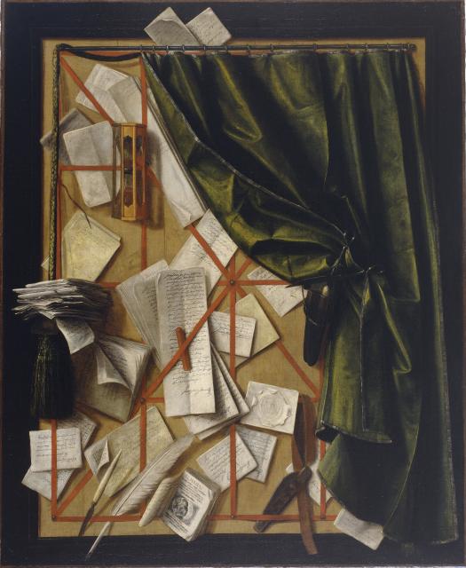 Trompe-l’oeil: Letter Rack with an Hourglass, a Razor and Scissors