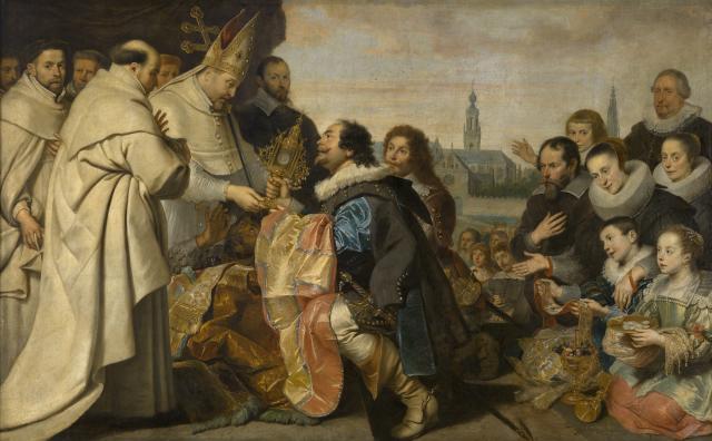 De Burgers van Antwerpen brengen de monstrans en de gewijde vaten die ze verstopt hadden voor Tanchelm naar de heilige Norbertus van Magdeburg
