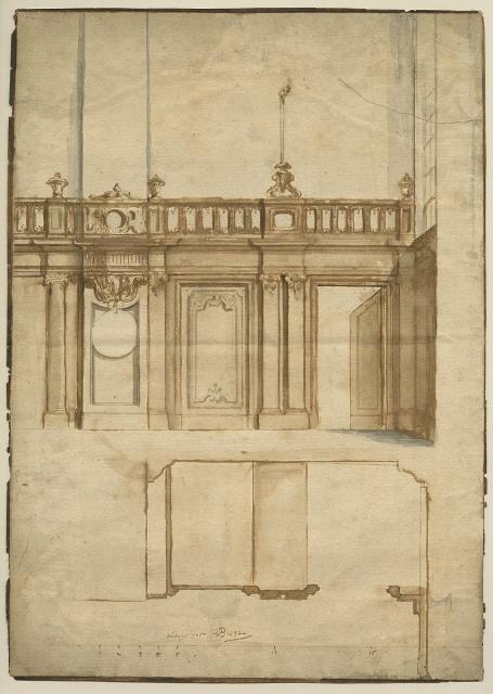 Design for panelling with two doors and a balustrade