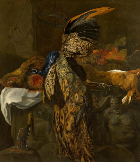 Hunting Trophy with a Dead Peacock and a Boar’s Head