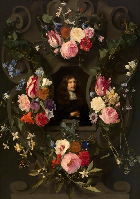  Portret van een man in een bloemenkrans