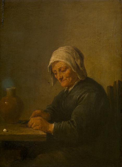 An Old Woman Cutting Tobacco