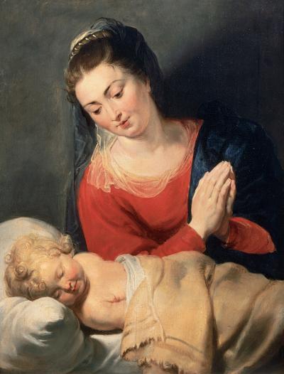 Maria in aanbidding voor het slapende Jezuskind