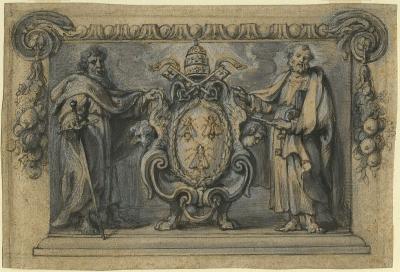 Wapenschild van Paus Urbanus VIII geflankeerd door Paulus en Petrus