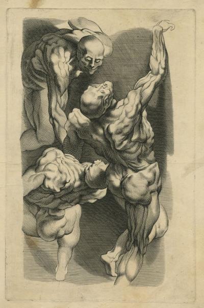 Study of three skinned men showing their musculature, one of them raising his right arm