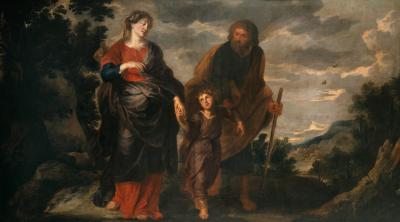 The Holy Family walking in a landscape
