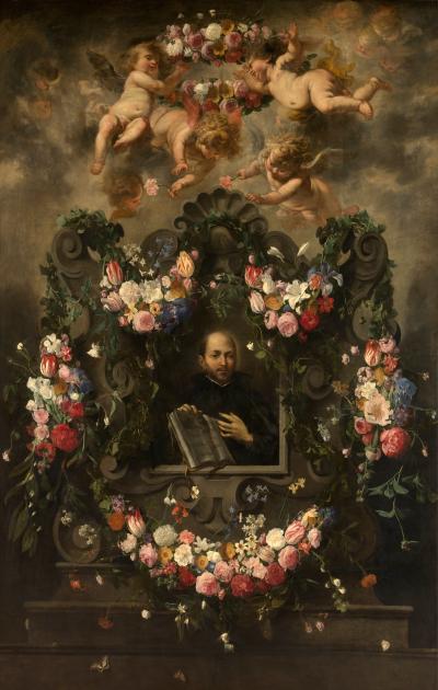 Heilige Ignatius van Loyola in een bloemenkrans